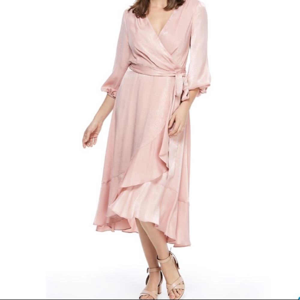 Gal Meets Glam Satin Ruffle Wrap Dress